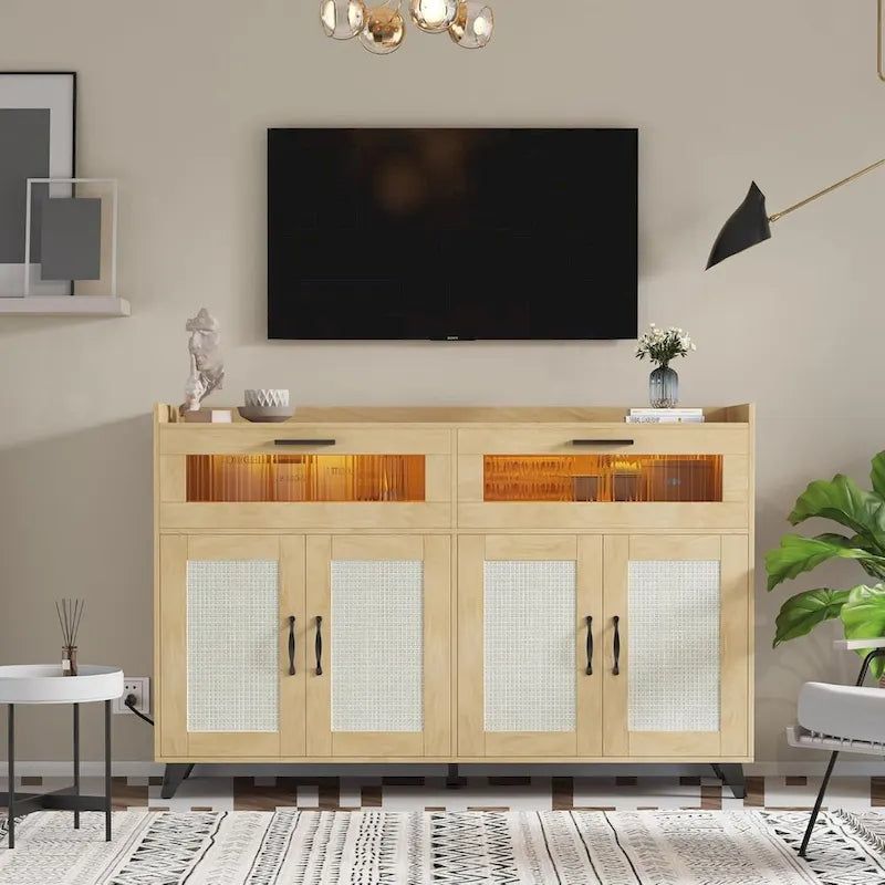 Buffet de salle à manger avec lumières LED et prises électriques, meuble de rangement, table de bar à café