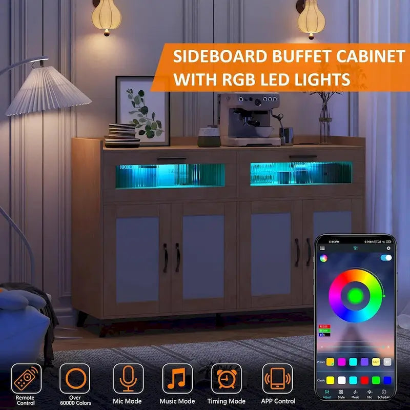 Buffet de salle à manger avec lumières LED et prises électriques, meuble de rangement, table de bar à café