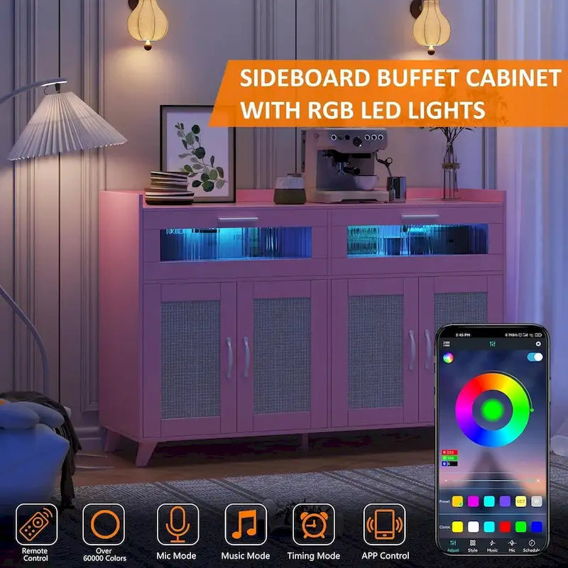 Buffet de salle à manger avec lumières LED et prises électriques, meuble de rangement, table de bar à café