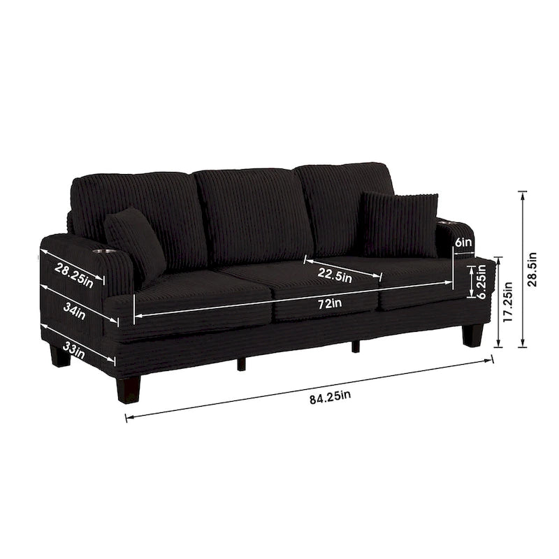 Canapé 3 places moderne en velours côtelé rectangulaire avec port USB et 2 oreillers