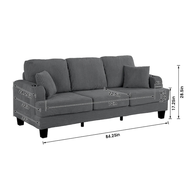 Canapé 3 places moderne en velours côtelé rectangulaire avec port USB et 2 oreillers
