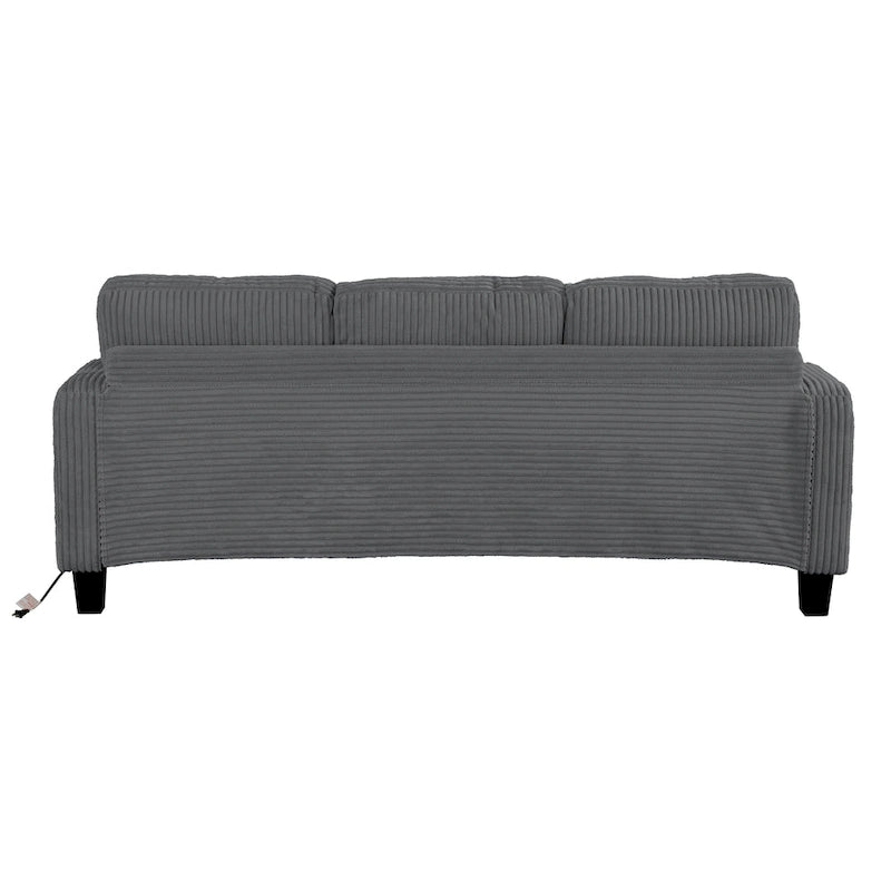 Canapé 3 places moderne en velours côtelé rectangulaire avec port USB et 2 oreillers