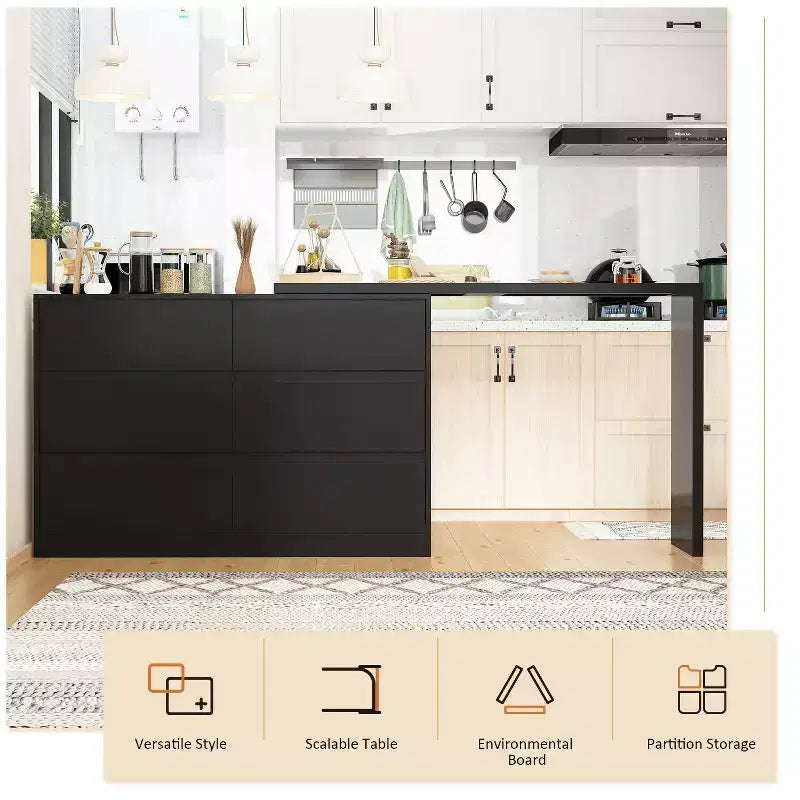 Desserte de buffet intelligente rotative/extensible avec 6 tiroirs, plan de travail étendu, tapis antidérapant, table à manger rotative, îlot de cuisine/garde-manger