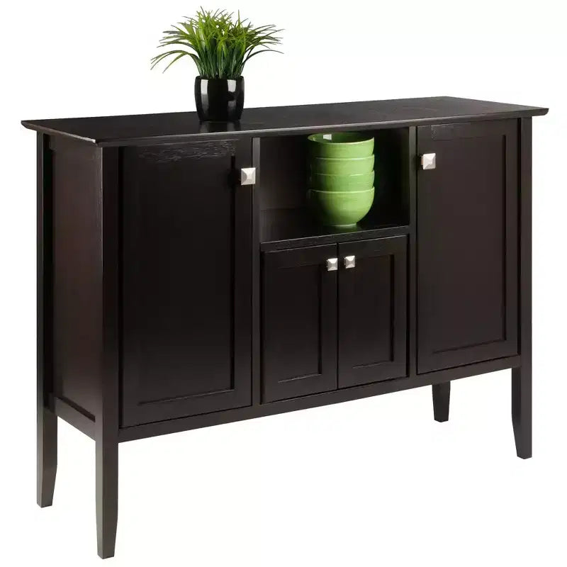 Buffet Cabinet/Sideboard - Coffee Finish, Solid & Composite Wood, 2 Cabinets + Open Shelf
