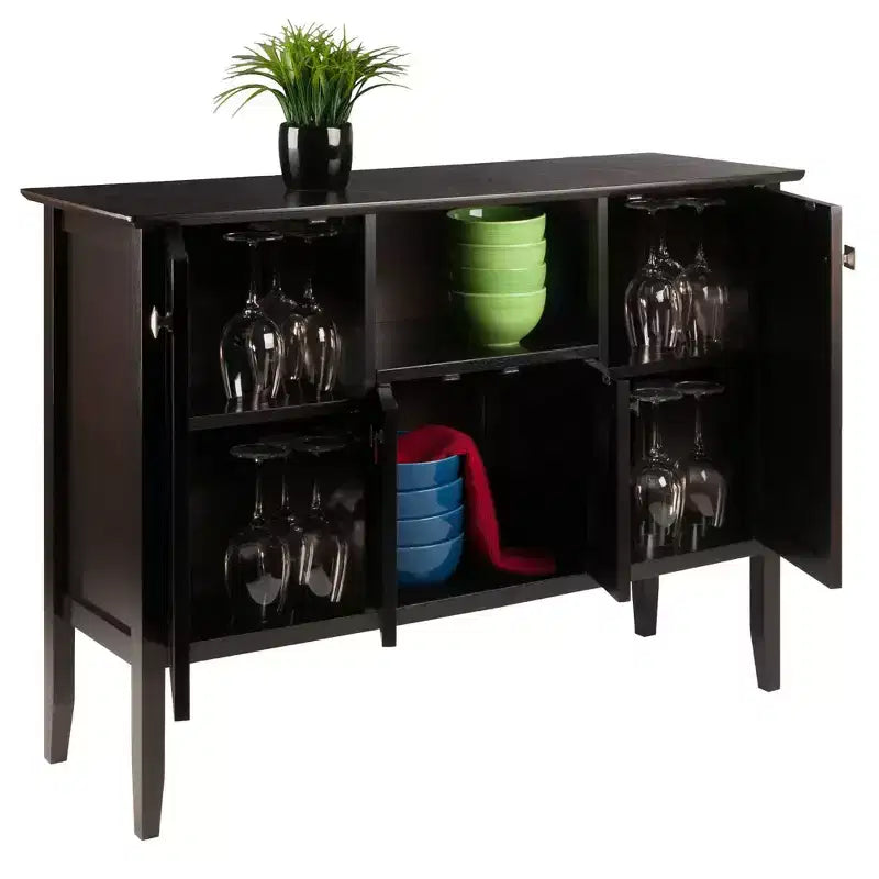 Buffet Cabinet/Sideboard - Coffee Finish, Solid & Composite Wood, 2 Cabinets + Open Shelf