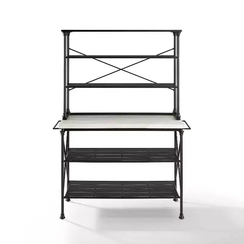 Kitchen Island and Hutch - Matte Black, Veneer Surface, Metal Frame, 6 Open Shelves