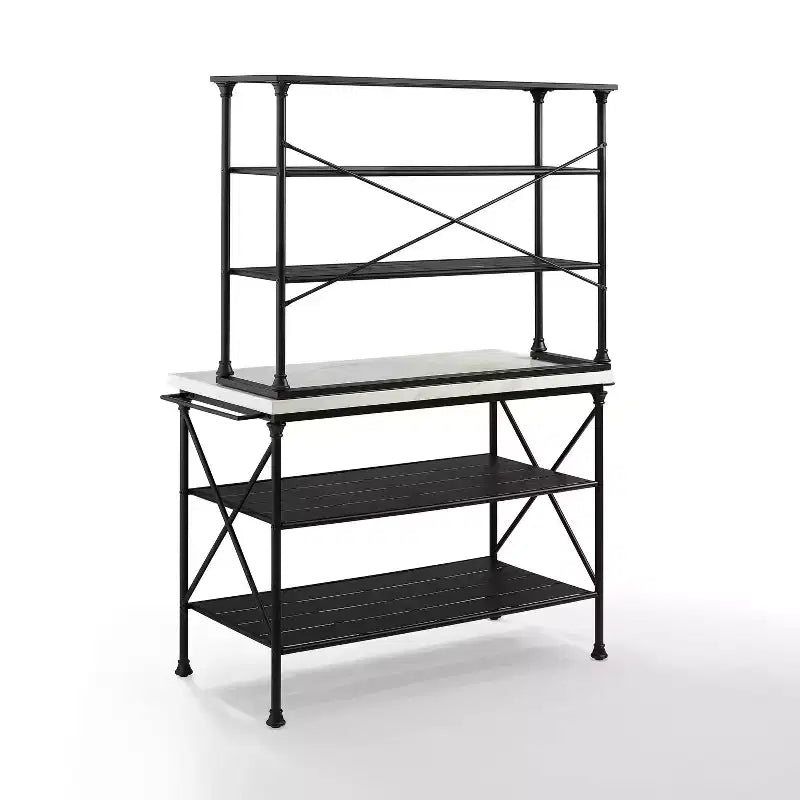 Kitchen Island and Hutch - Matte Black, Veneer Surface, Metal Frame, 6 Open Shelves