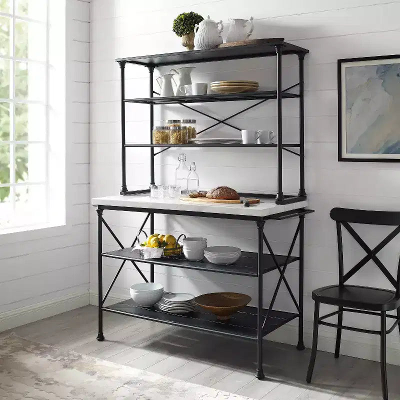 Kitchen Island and Hutch - Matte Black, Veneer Surface, Metal Frame, 6 Open Shelves