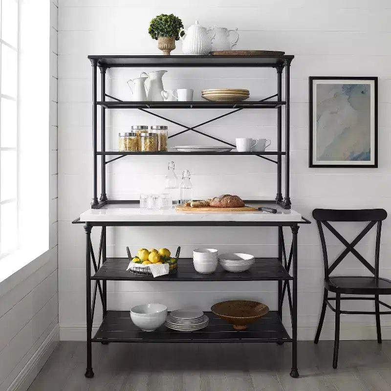 Kitchen Island and Hutch - Matte Black, Veneer Surface, Metal Frame, 6 Open Shelves