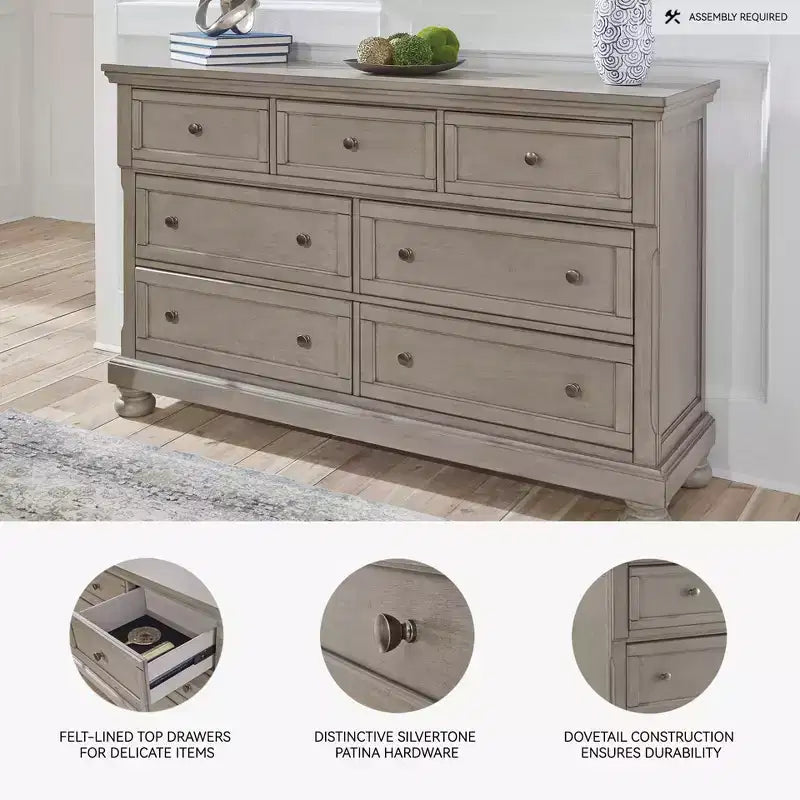 7-Drawer Traditional Dresser - Light Gray, Dovetail Construction