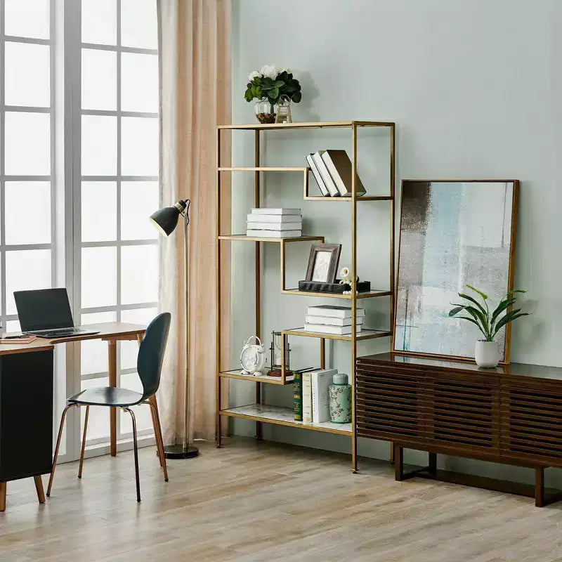 72" 5-Tier Display Shelf - Faux Marble & Brass Finish