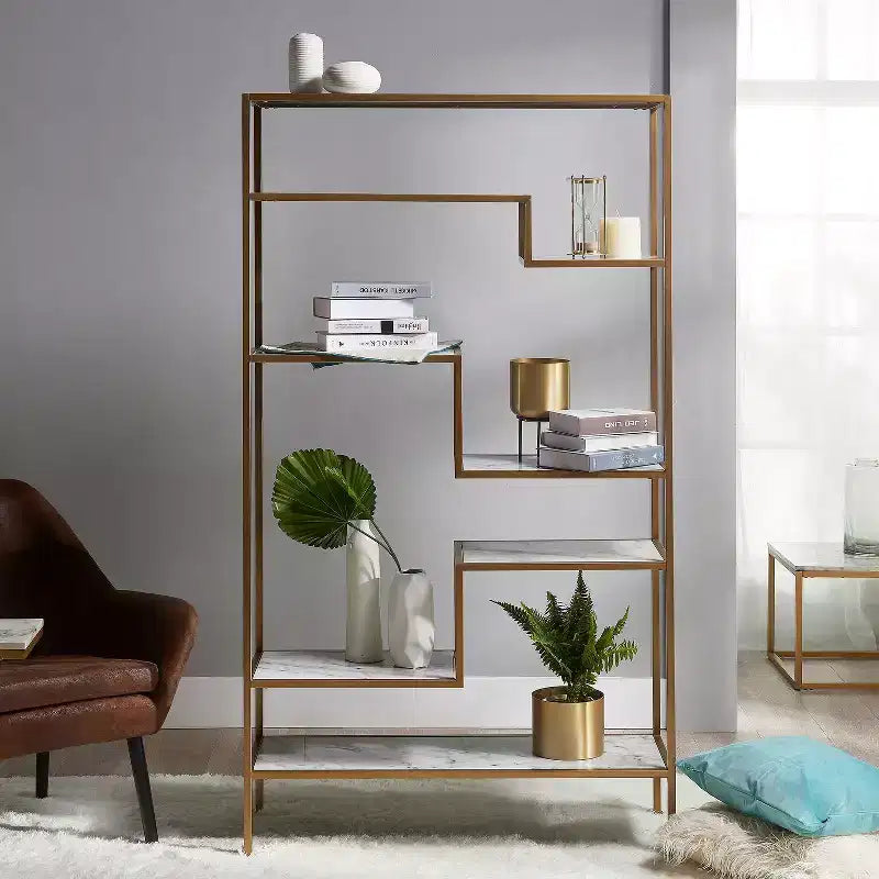 72" 5-Tier Display Shelf - Faux Marble & Brass Finish