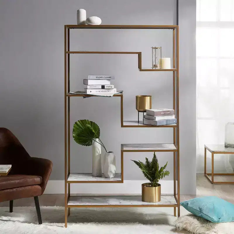 72" 5-Tier Display Shelf - Faux Marble & Brass Finish