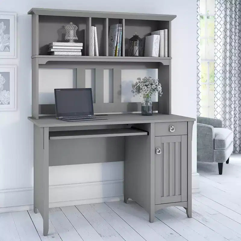 Computer Desk with Hutch - Gray, Mission Style, Pullout Keyboard Tray & Wire Management