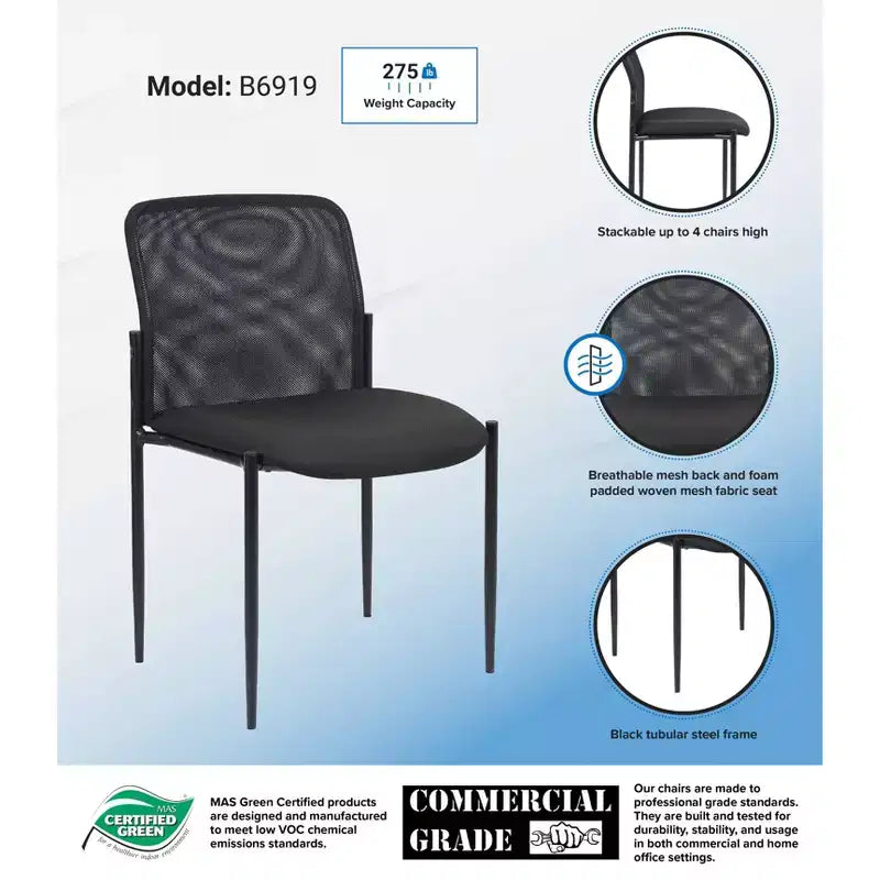 Mesh Guest Chair Black - Armless, Stackable, Metal Frame