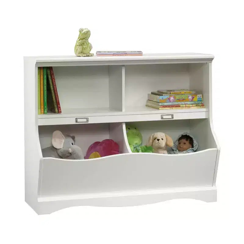 Twin Bookcase/Footboard - Soft White, 4 Cubbyhole Shelves with Storage Bins