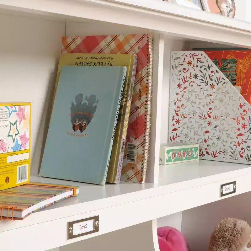Twin Bookcase/Footboard - Soft White, 4 Cubbyhole Shelves with Storage Bins