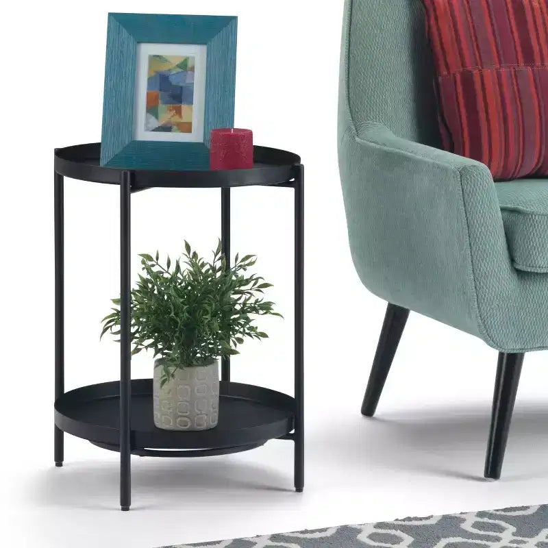 17" Industrial Black Metal End Table with Removable Tray Top & Bottom Shelf