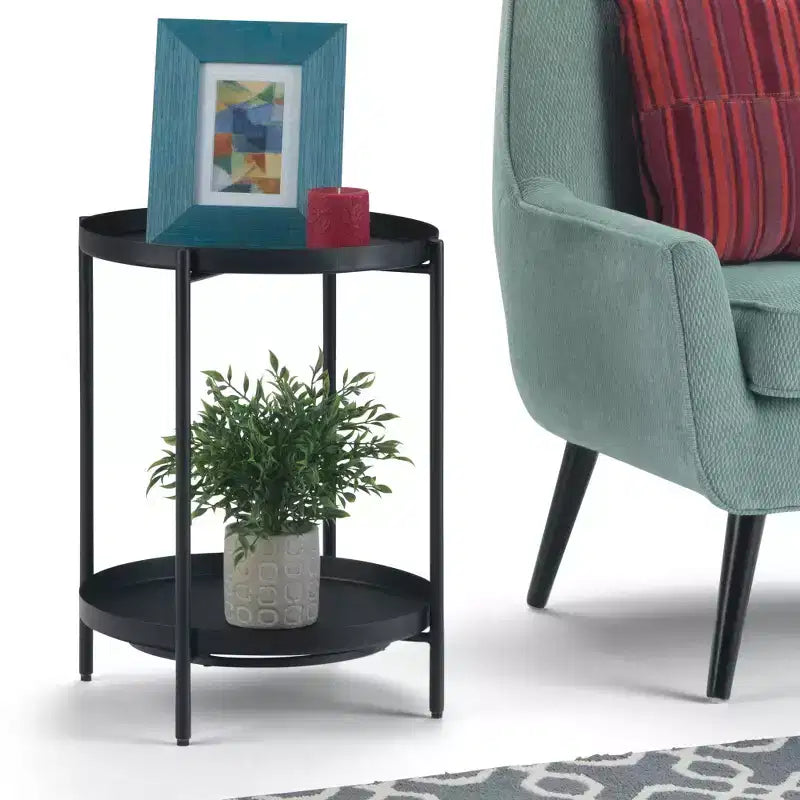17" Industrial Black Metal End Table with Removable Tray Top & Bottom Shelf