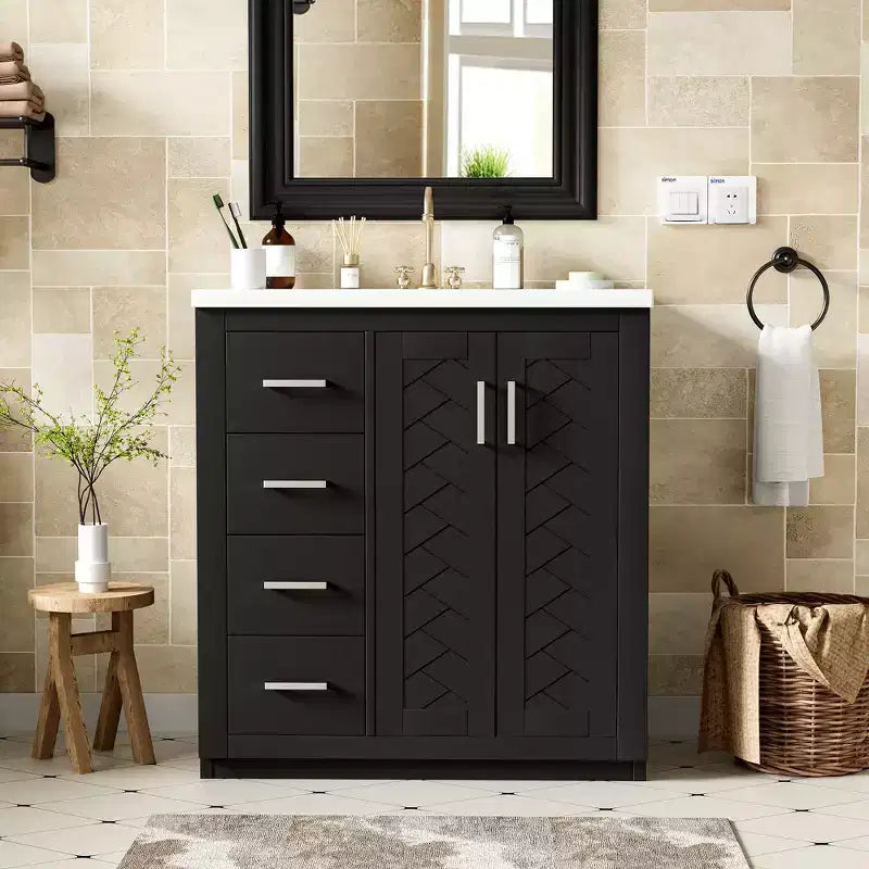 Meuble-lavabo de salle de bain 30 pouces à vasque simple avec armoire et 3 tiroirs – Noir / Bleu / Vert / Indigo / Blanc