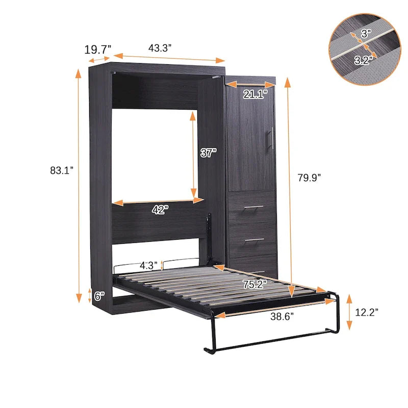 Lit escamotable gris avec armoire et 3 tiroirs, grand lit/lit simple, 1 personne