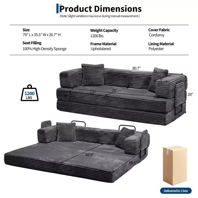 80,7 Canapé-lit convertible 5-en-1 – Corduroy, 544 kg, Aucun assemblage requis