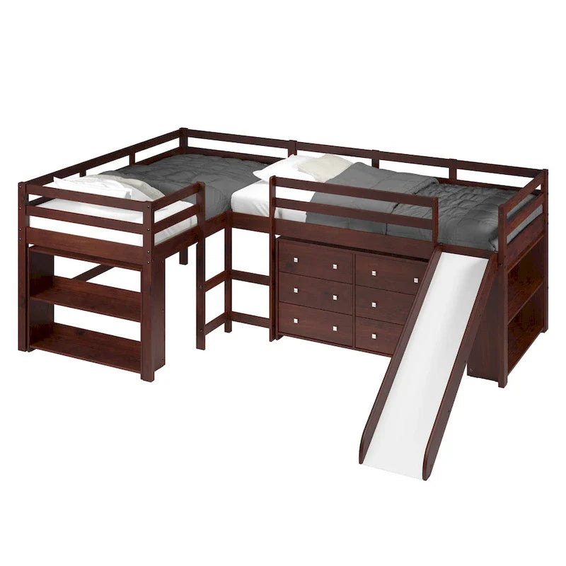 Ensemble de chambre mezzanine en L Double Twin avec toboggan, finition cappuccino foncé