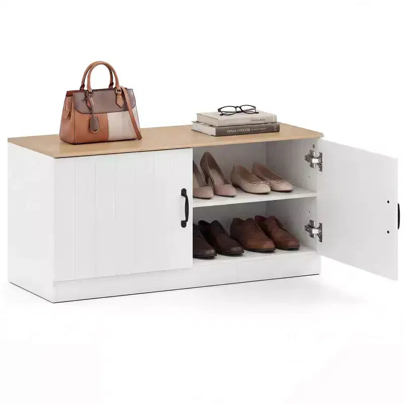 Banc à chaussures 2 portes avec étagères réglables et espace de rangement caché Naturel + Blanc/Blanc
