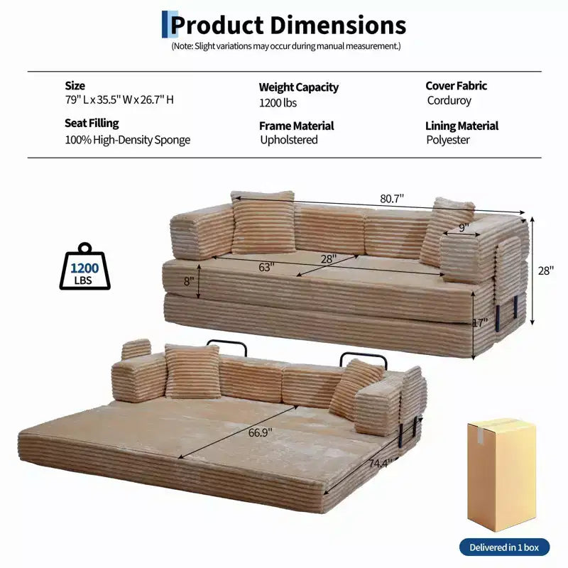80,7 Canapé-lit convertible 5-en-1 – Corduroy, 544 kg, Aucun assemblage requis