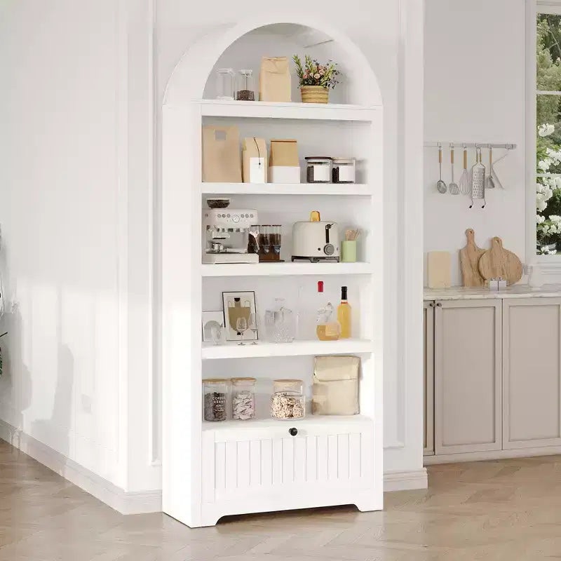 Bibliothèque arquée de 72 po avec tiroir de rangement, armoire de présentation moderne en bois à 6 niveaux avec étagères ouvertes et tiroir inférieur, porte d'armoire incurvée