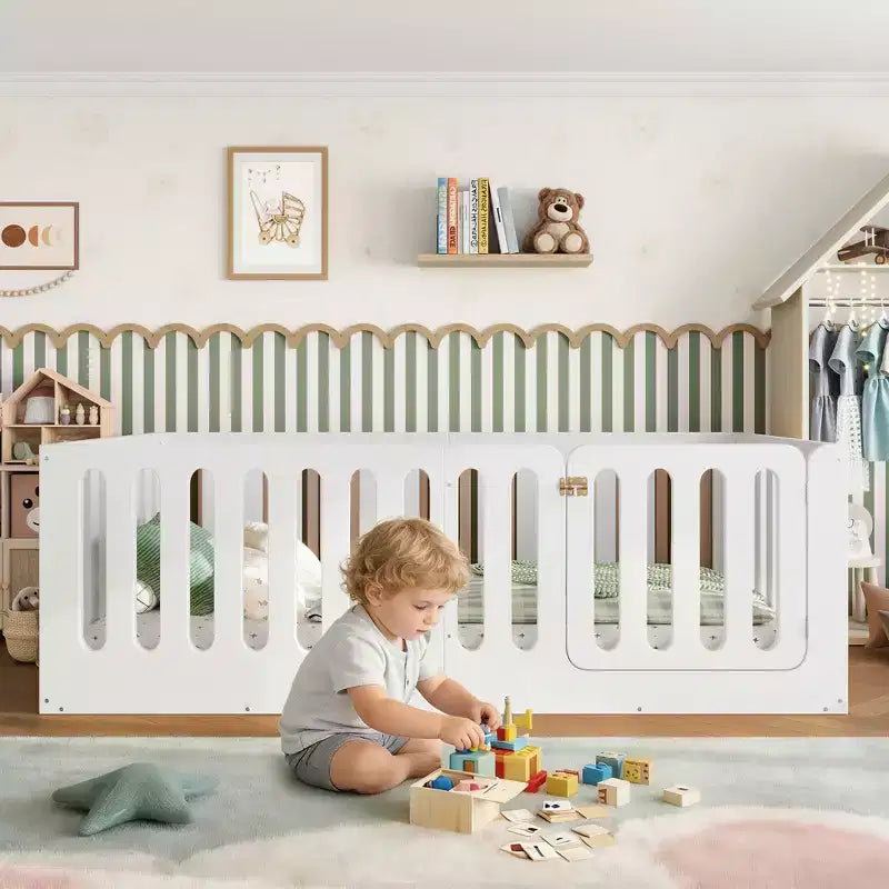 Lit de plancher Montessori double blanc avec barrières et porte – Bois massif, 1 enfant