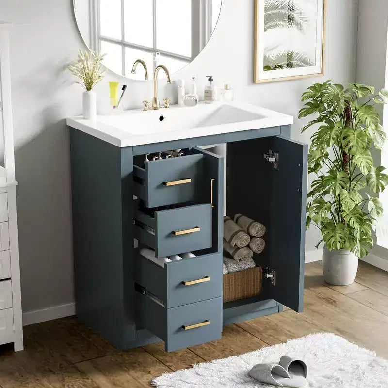 Meuble-lavabo de salle de bain 30 pouces à vasque simple avec armoire et 3 tiroirs – Noir / Bleu / Vert / Indigo / Blanc