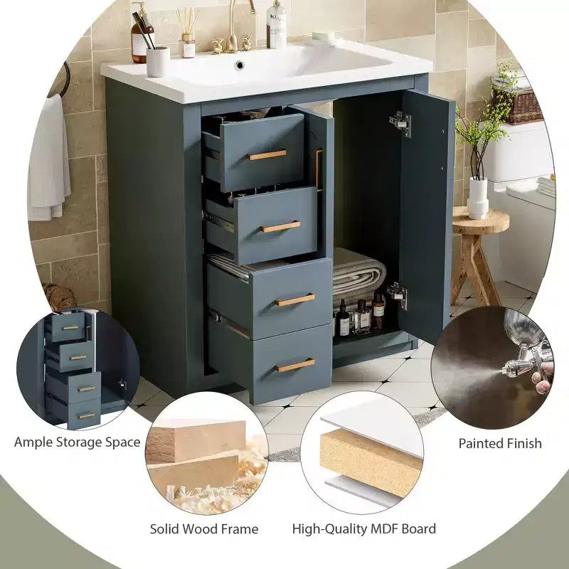 Meuble-lavabo de salle de bain 30 pouces à vasque simple avec armoire et 3 tiroirs – Noir / Bleu / Vert / Indigo / Blanc