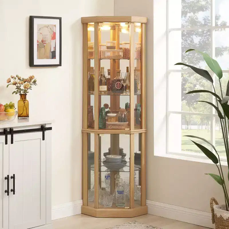 Vitrine d'angle avec portes et étagères en verre, Meuble de présentation d'angle pour salon