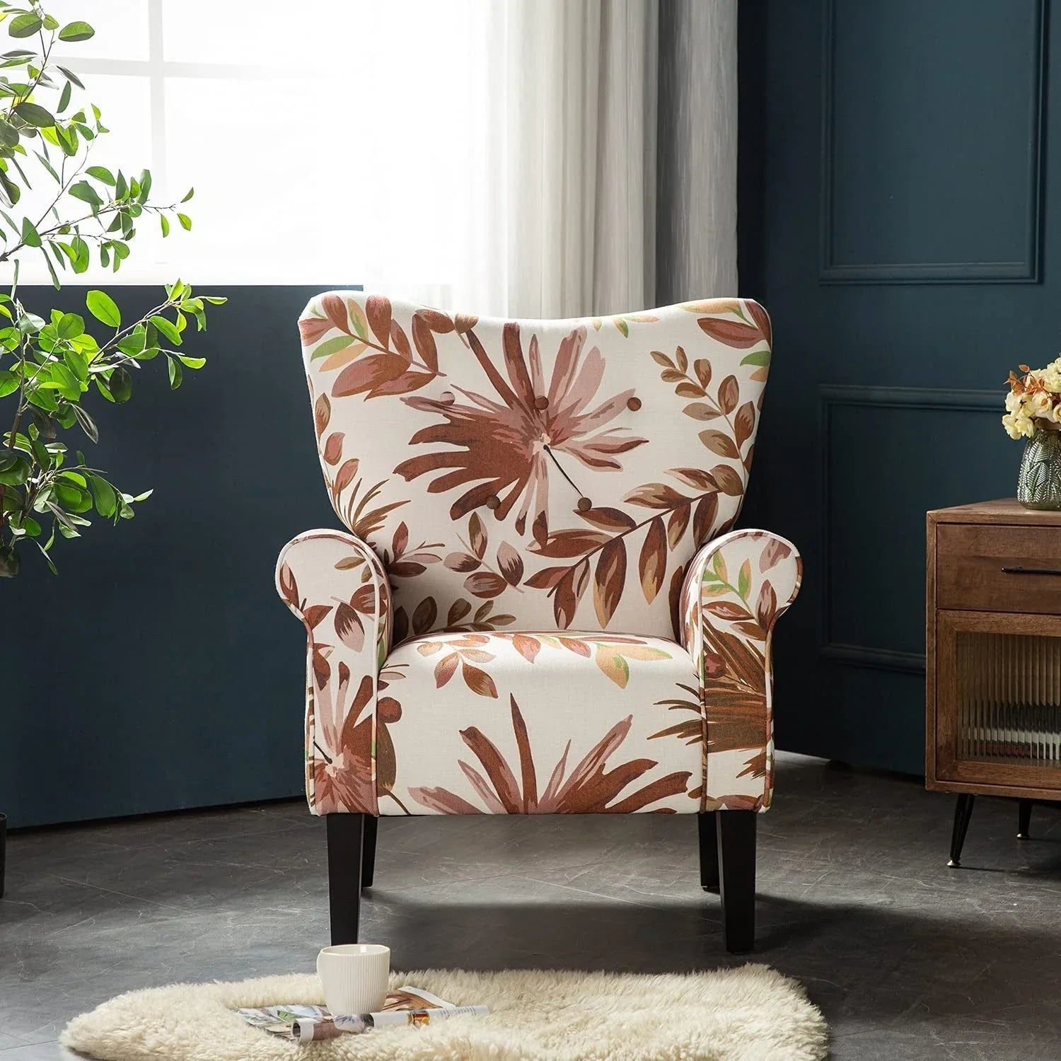 Fauteuil d'appoint moderne Erommy, fauteuil à dossier haut, canapé simple en tissu rembourré avec boutons et pieds en bois pour salon