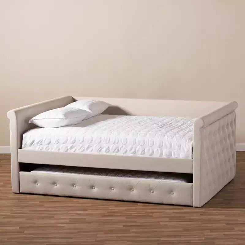 Upholstered Daybed with Trundle - Scrolled Arms & Button Tufting