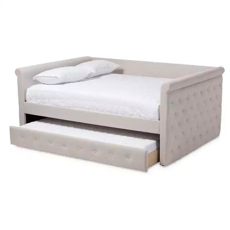 Upholstered Daybed with Trundle - Scrolled Arms & Button Tufting