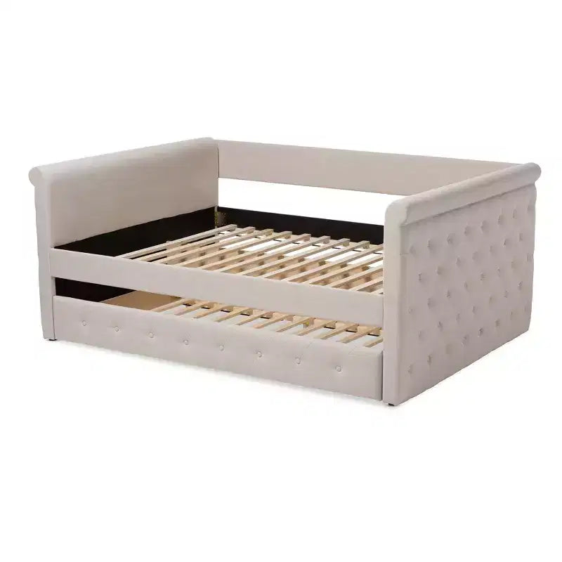 Upholstered Daybed with Trundle - Scrolled Arms & Button Tufting