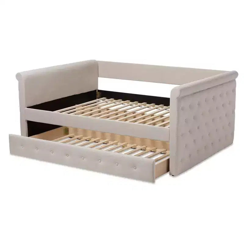 Upholstered Daybed with Trundle - Scrolled Arms & Button Tufting