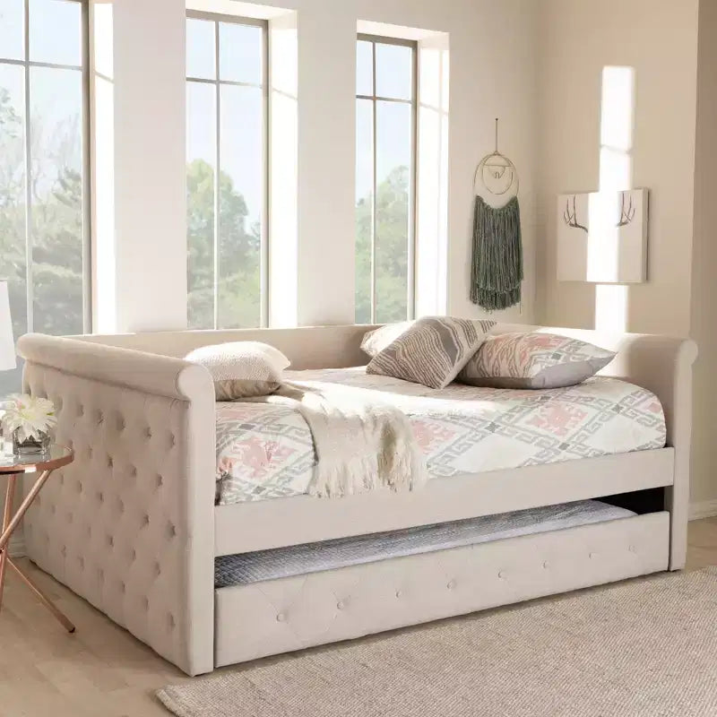 Upholstered Daybed with Trundle - Scrolled Arms & Button Tufting