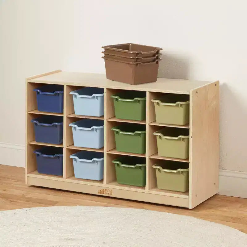 Meuble de rangement à roulettes Cubby avec 15 bacs à ouverture frontale, 3x4, Meuble pour enfants