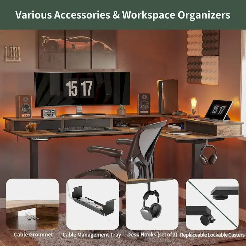 Bureau d'angle électrique debout avec 3 tiroirs et roulettes verrouillables, 160