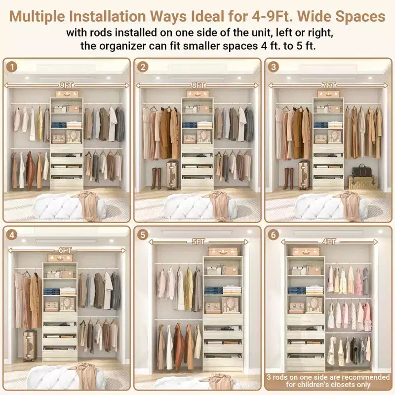Besiost Système d'organisation de placard en bois de 1,2 à 2,7 m avec 4 tiroirs, 4 tringles à vêtements et étagères