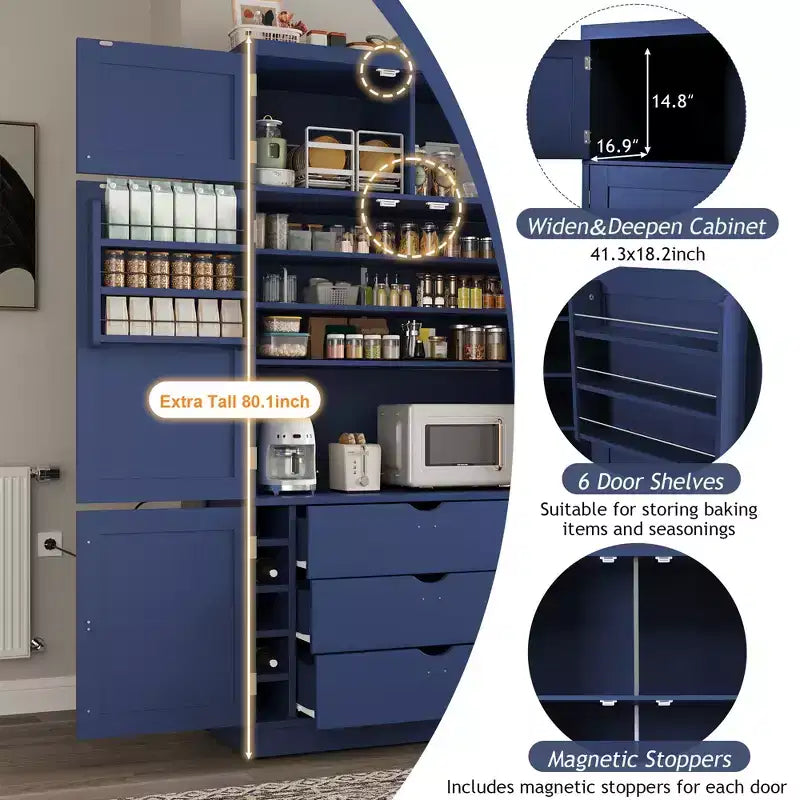 Grand meuble de garde-manger de cuisine avec prises électriques, grand placard autoportant avec support pour micro-ondes, tiroirs, étagères, casiers à vin et étagère de porte