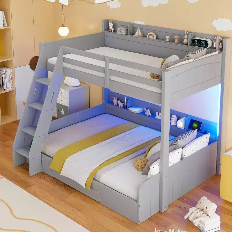 Lit superposé double sur toute la longueur avec rangement, lumières LED et station de charge, lit superposé en bois avec étagères latérales pour enfants et adolescents