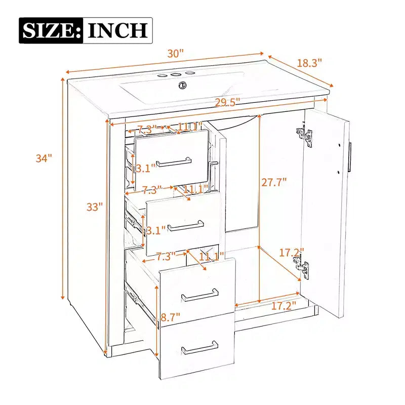 Meuble-lavabo de salle de bain 30 pouces à vasque simple avec armoire et 3 tiroirs – Noir / Bleu / Vert / Indigo / Blanc