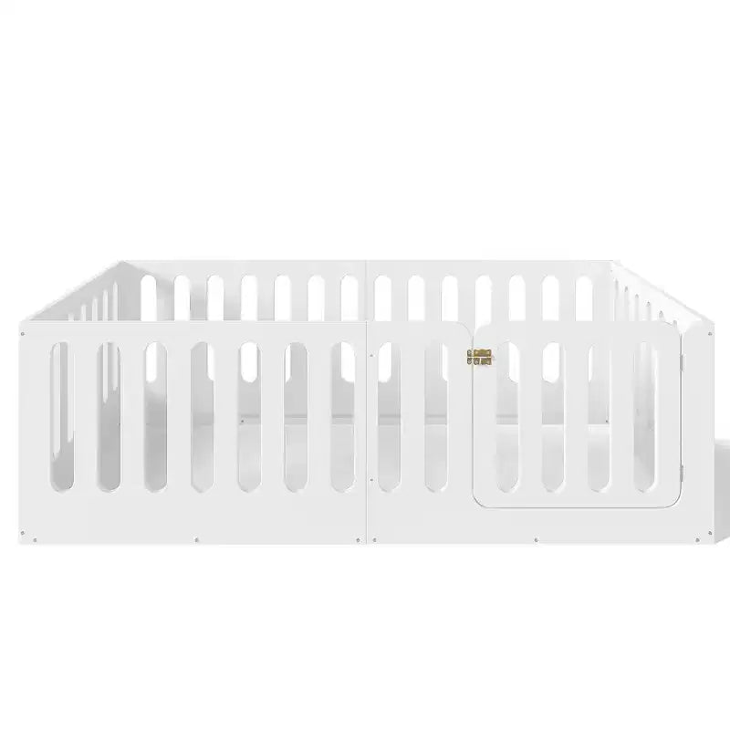 Lit de plancher Montessori double blanc avec barrières et porte – Bois massif, 1 enfant