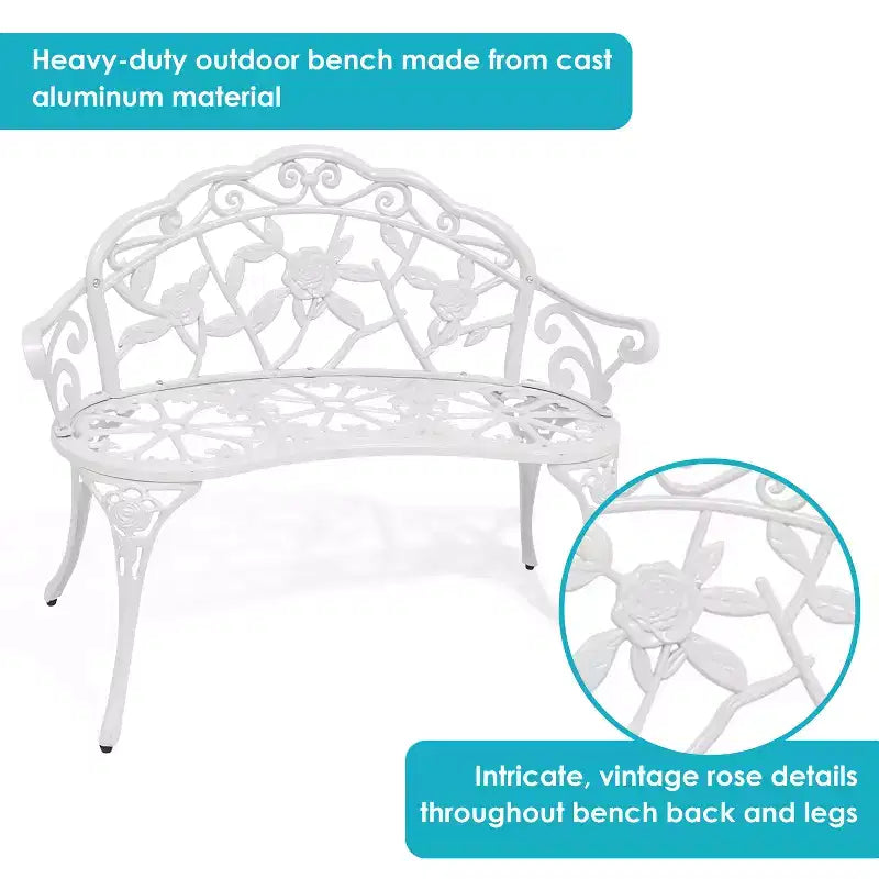 Banc de jardin extérieur Sunnydaze 2 places en aluminium moulé motif rose classique, blanc