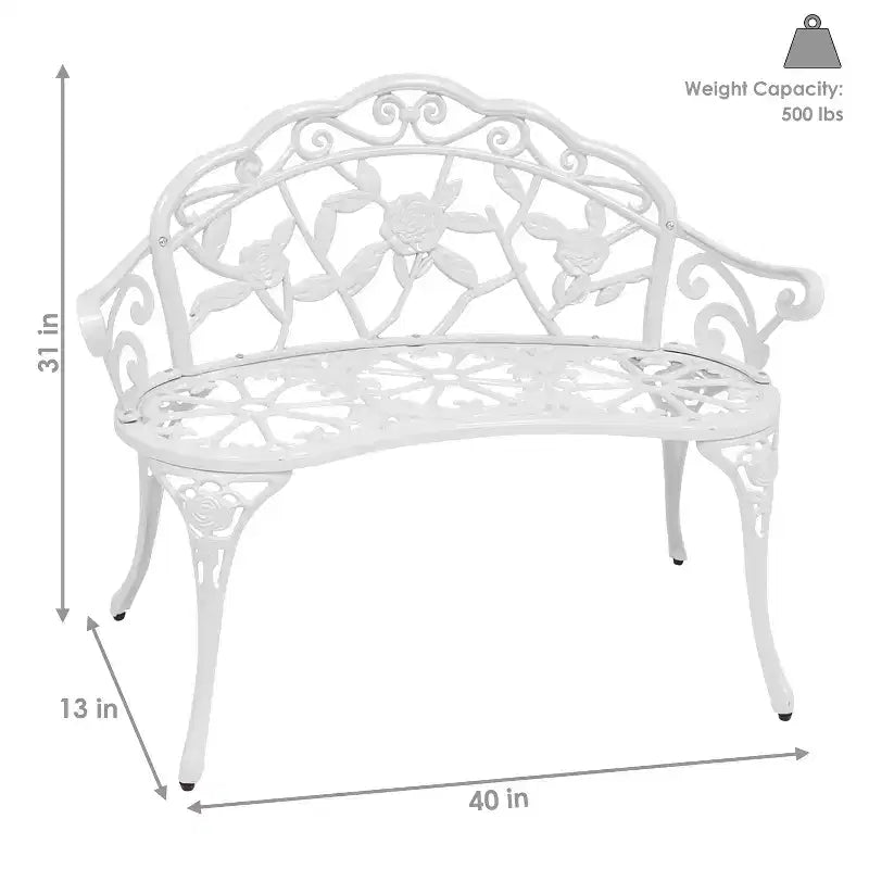 Banc de jardin extérieur Sunnydaze 2 places en aluminium moulé motif rose classique, blanc