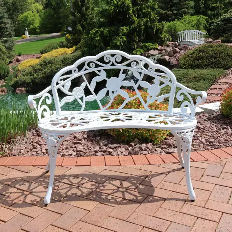 Banc de jardin extérieur Sunnydaze 2 places en aluminium moulé motif rose classique, blanc